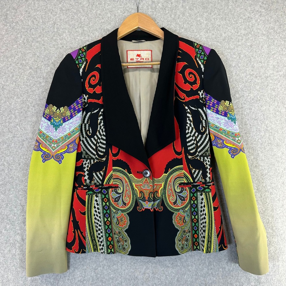 Etro Milano Black Colorful Paisley Print Blazer Jacket Womens Sz Italy 42 US 6 M